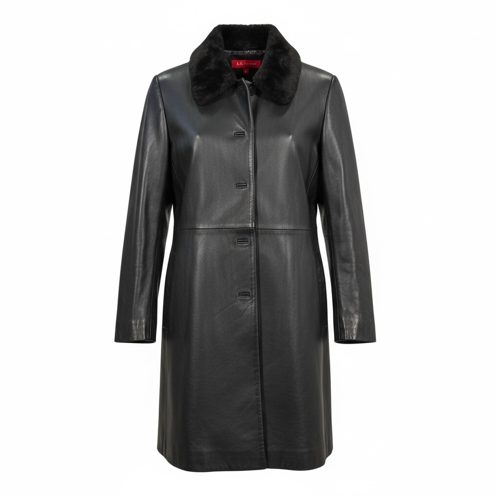 Anne Klein Elegant Black Faux Fur Lamb Skin Long Jacket